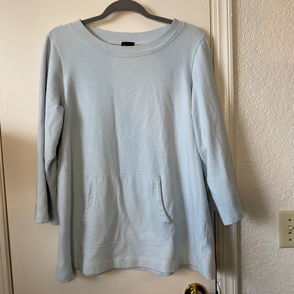 Eileen Fisher Organic Cotton Tunic Top Sky Blue Women's Size L Long Sleeve Blue
